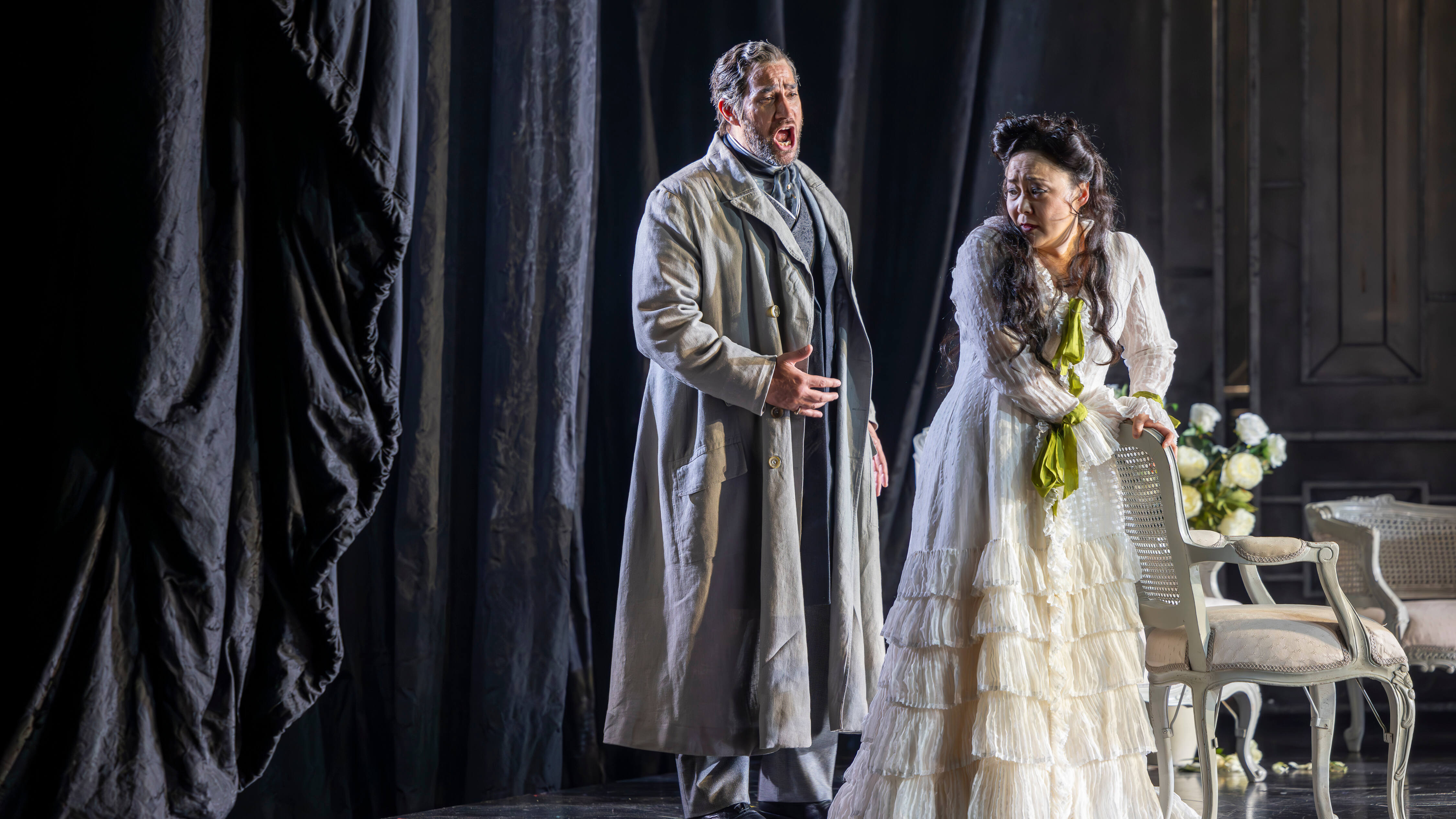 Hye Youn Lee as Violetta Valéry and Phillip Rhodes as Giorgio Germont in La traviata. Scottish Opera 2024. Credit James Glossop.
