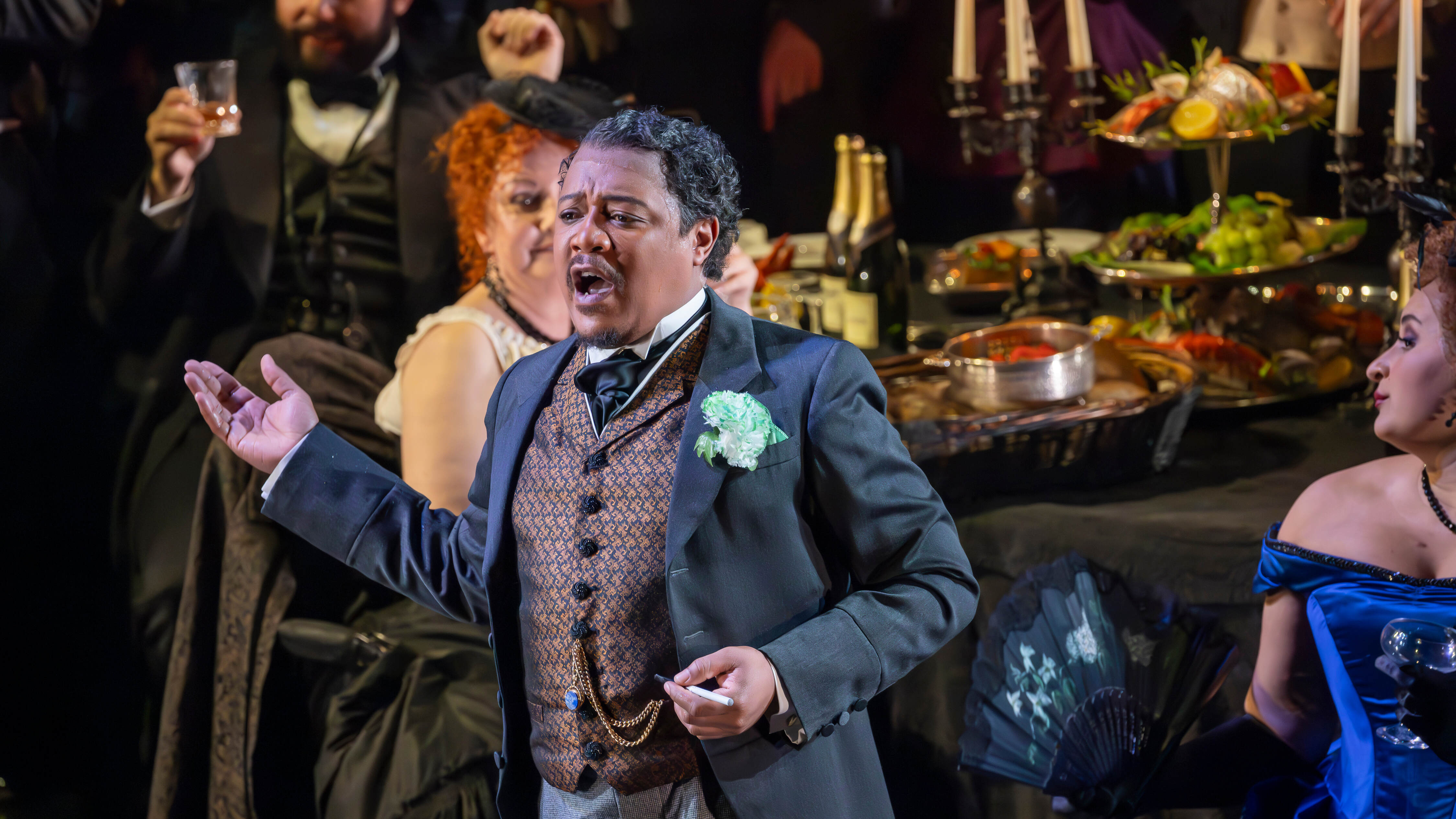 Monwabisi Lindi as Gastone in La traviata. Scottish Opera 2024. Credit James Glossop.