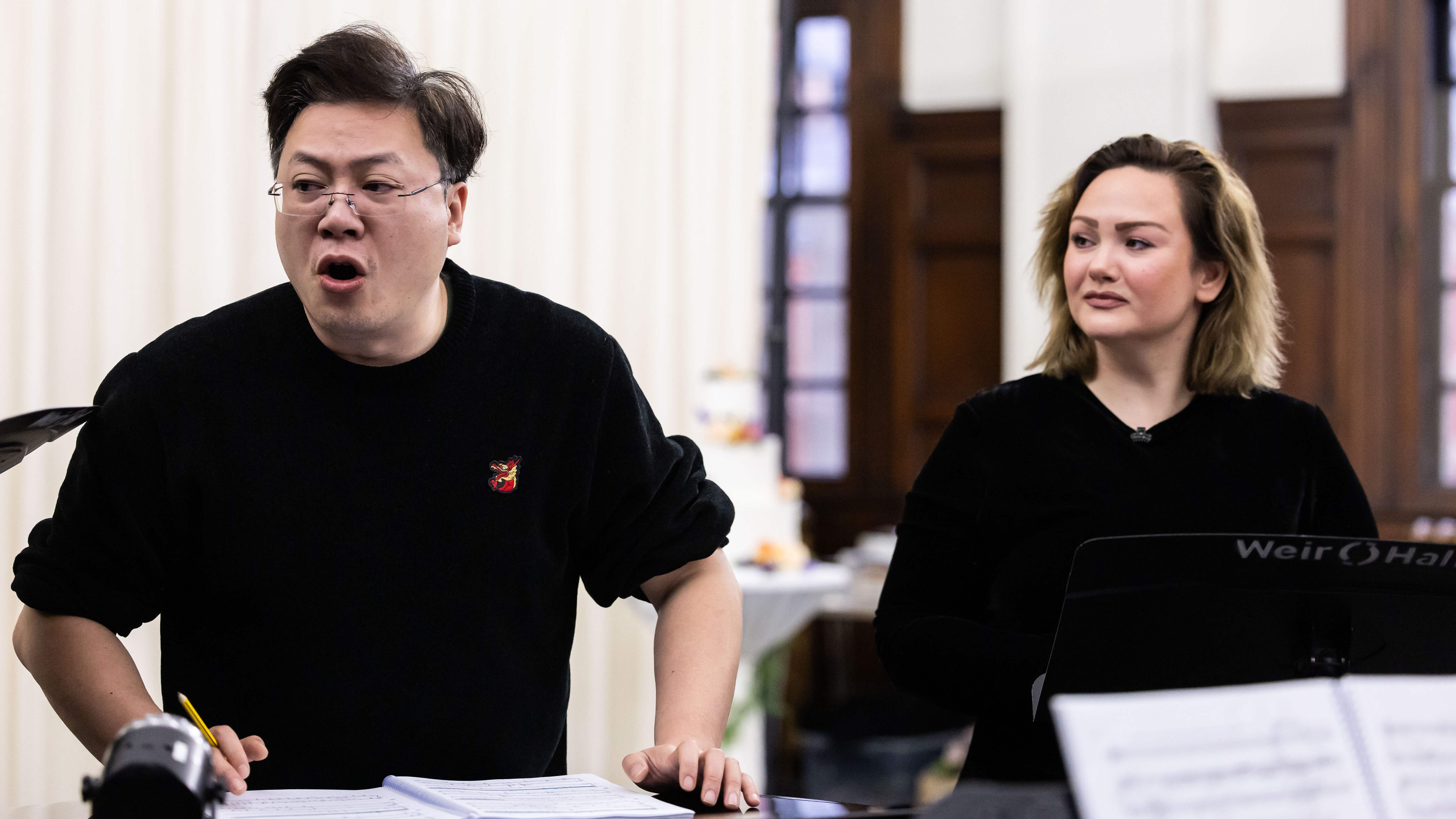Shengzhi Ren and Inna Husieva during rehearsals for Opera Highlights Spring Tour. Scottish Opera 2024. Credit Sally Jubb..
