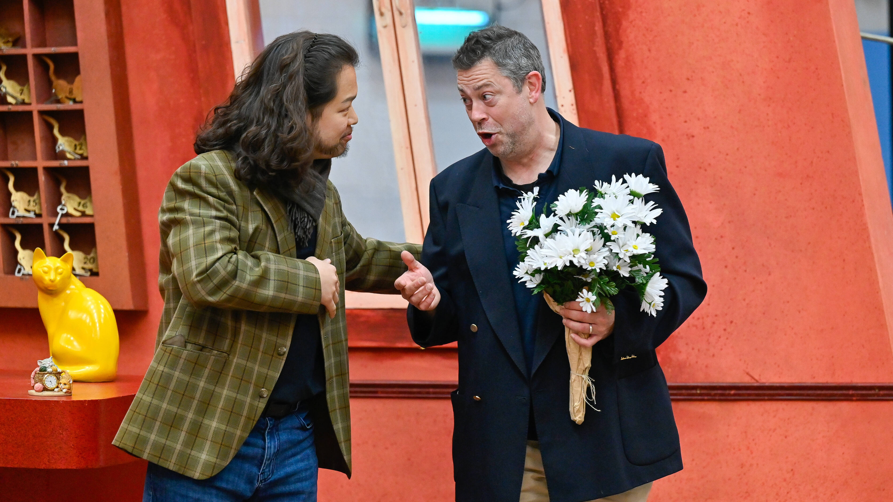 Josef Jeongmeen Ahn (Doctor Malatesta) and David Stout (Don Pasquale) in rehearsals for Don Pasquale. Scottish Opera 2024. Credit Julie Howden..