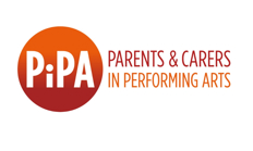 Parents in the performing Arts logo: The letter P i P A in white on a red/orange circular background