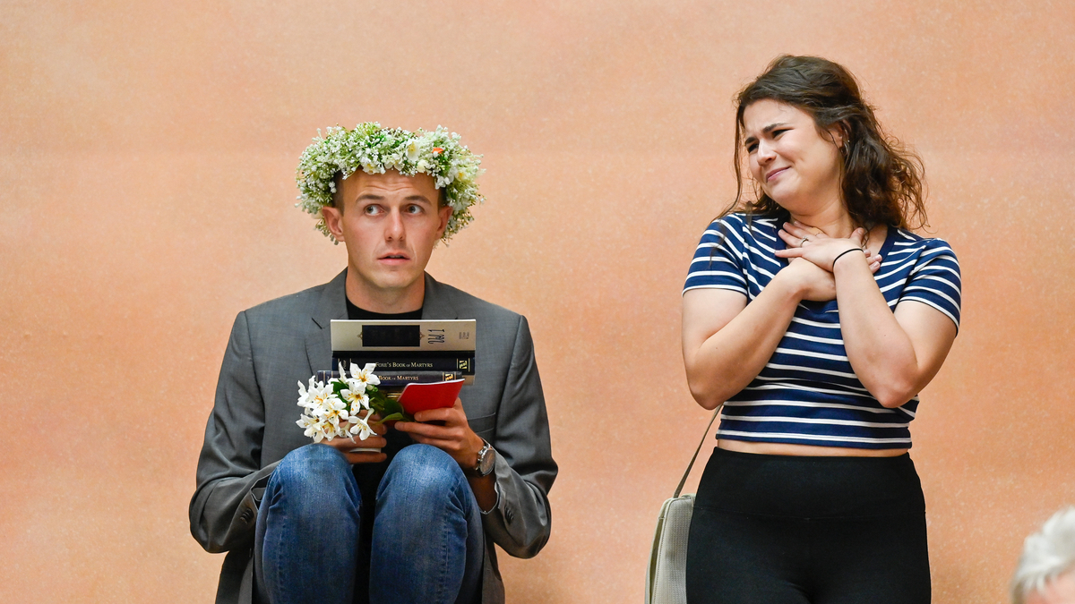 Glen Cunningham (Albert Herring) and Kira Kaplan (Miss Wordsworth) in rehearsals for Albert Herring. Scottish Opera 2024. Credit Julie Howden..