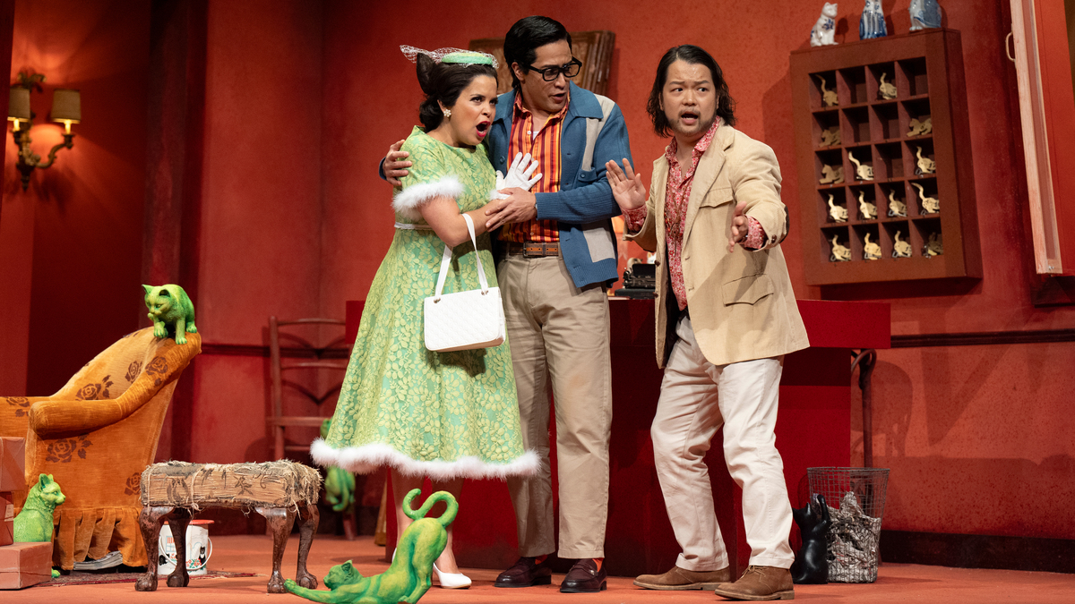 Simone Osborne (Norina), Filipe Manu (Ernesto) and Josef Jeongmeen Ahn (Doctor Malatesta) in Don Pasquale. Scottish Opera 2024. Credit Jane Barlow..