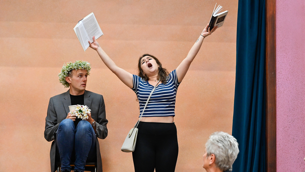 Glen Cunningham (Albert Herring), Kira Kaplan (Miss Wordsworth) and Susan Bullock (Lady Billows) in rehearsals for Albert Herring. Credit Julie Howden..