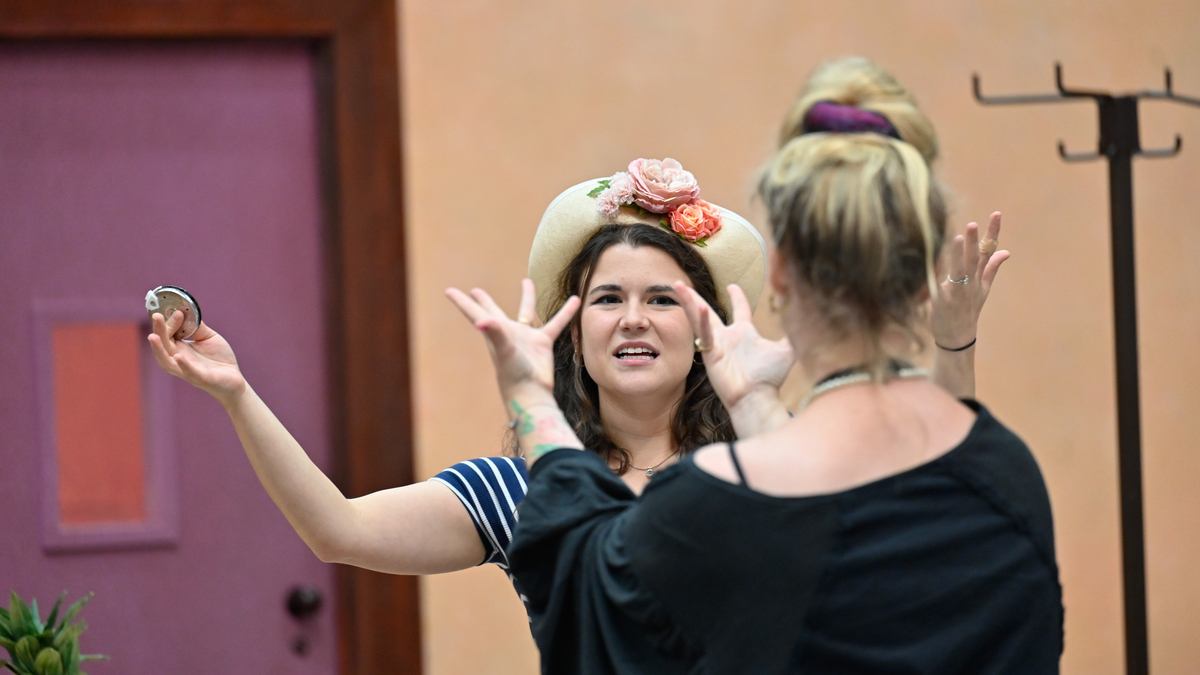 Kira Kaplan (Miss Wordsworth) and Director Daisy Evans in rehearsals for Albert Herring. Scottish Opera 2024. Credit Julie Howden..