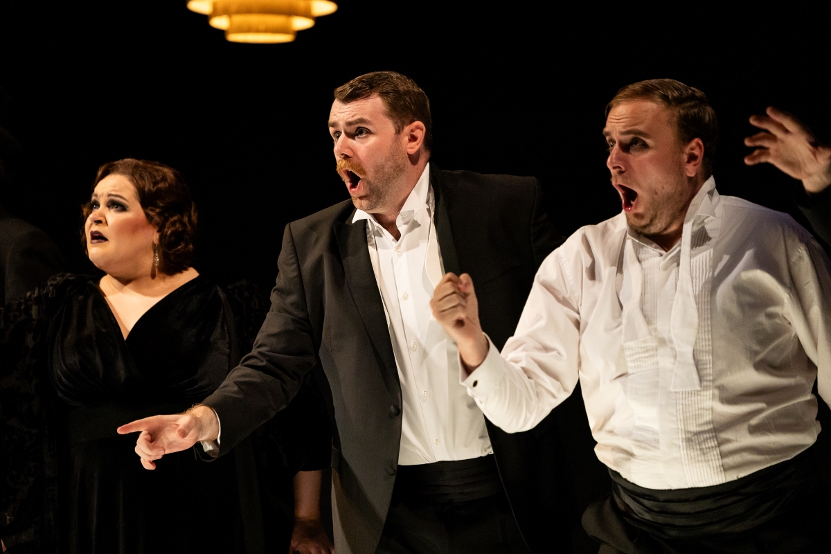 Claire Barnett Jones (Gaea), Colin Murray And Ross Cumming (Shepherds) In Daphne. Scottish Opera 2023. Credit Sally Jubb.